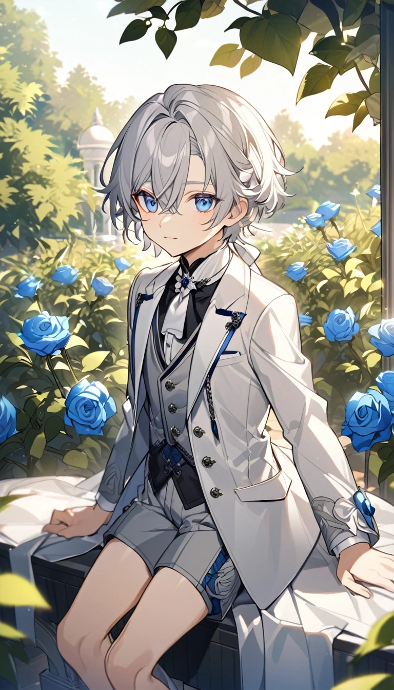 Handsome,very beautiful,1 little boy,young,alone,white short hair,blue eyes,black shirt,Luxurious white blazer,((Gray suit shorts)),black garters,((blue Rose)),White satin ribbon clothing decoration,Exquisite clothing details,Calm expression,Holy,Goethe-style,garden
