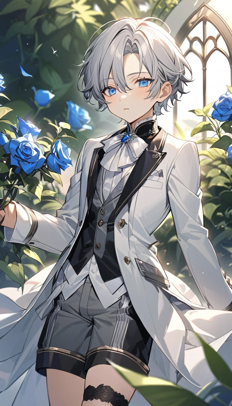 Handsome,very beautiful,1 little boy,young,alone,white short hair,blue eyes,black shirt,Luxurious white blazer,((Gray suit shorts)),black garters,((blue Rose)),White satin ribbon clothing decoration,Exquisite clothing details,Calm expression,Holy,Goethe-style,garden