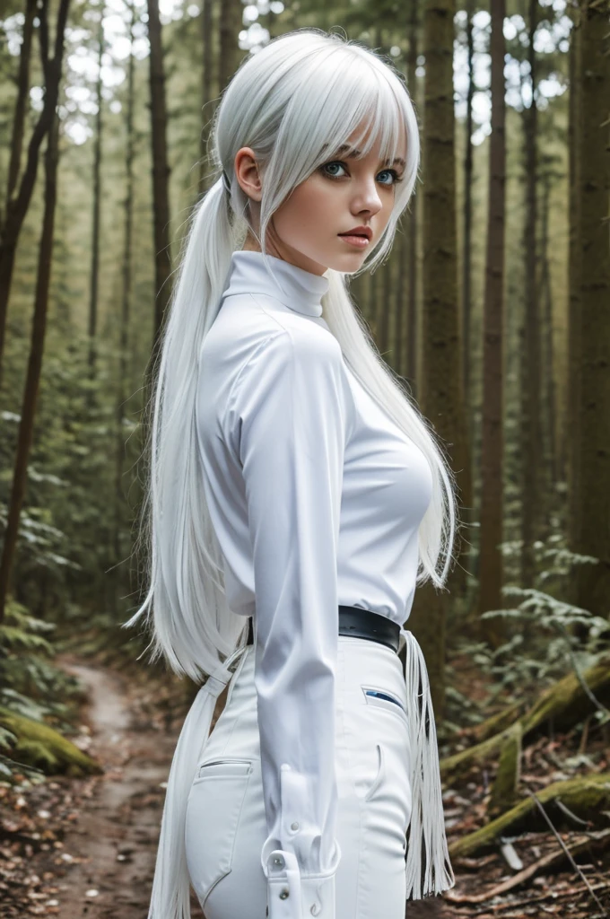 Realistic beautiful girl, blue-eyed, white hair with fringe, white turtleneck shirt and black pants, In a forest.