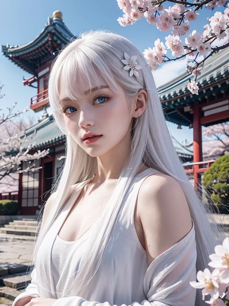 Long white hair, blue eyes, serious features, white skin, loose style, in a garden,in the Sakura Korea ,Korean Palace 