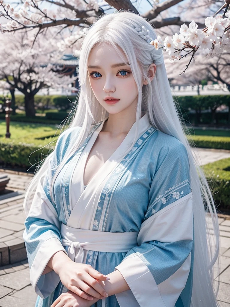 Long white hair, blue eyes, serious features, white skin, loose style, in a garden,in the Sakura Korea ,Korean Palace 