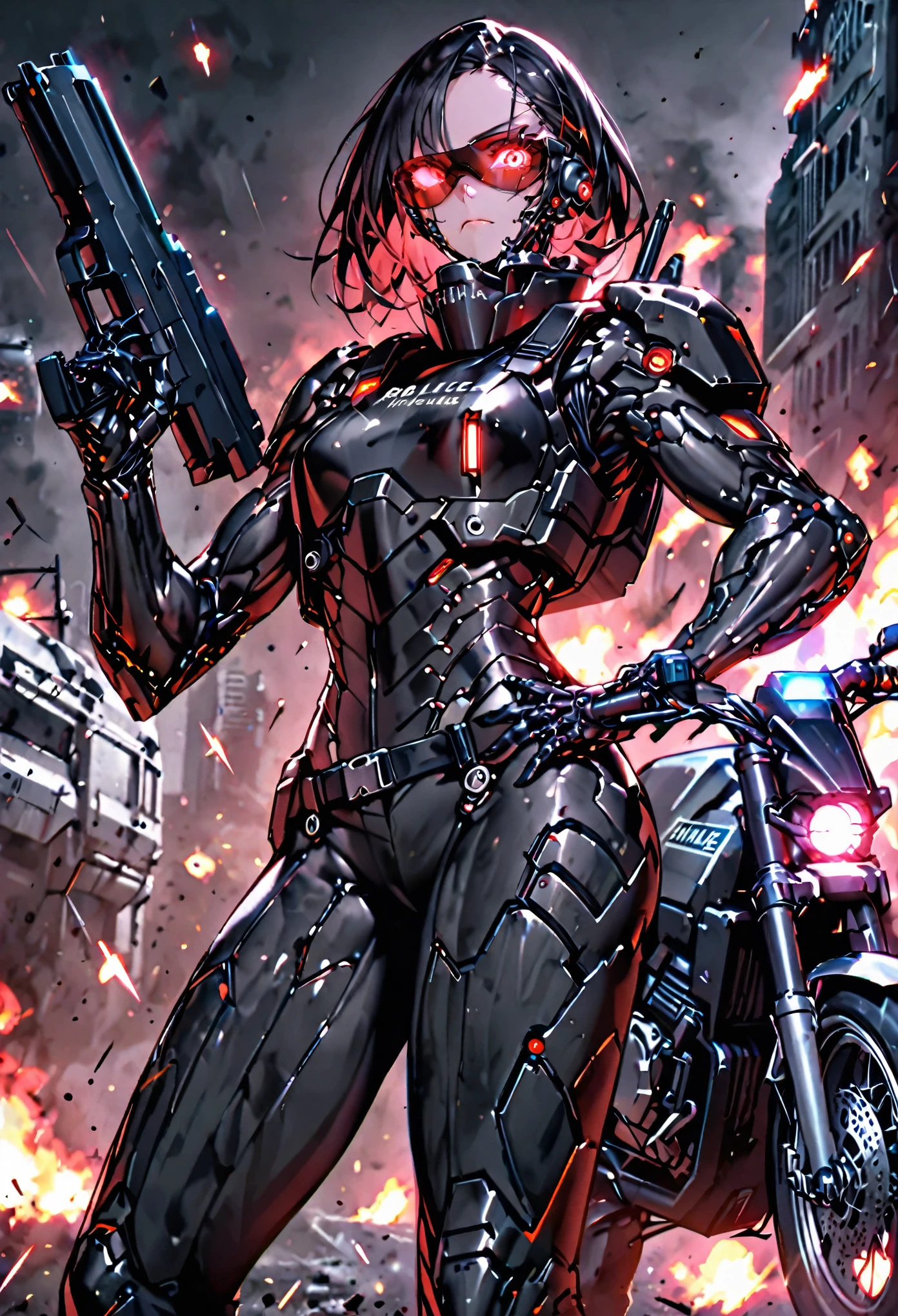 female, solo, tall woman, athletic, futuristic, frown, ballistic armor, holding huge handgun, from the hip up, armored police motorcycle, muscular, police clothes, sunglasses, glowing eyes:0.3, red eyes, sleek black cyborg arms, bullet proof armor, bulk bellistic vest