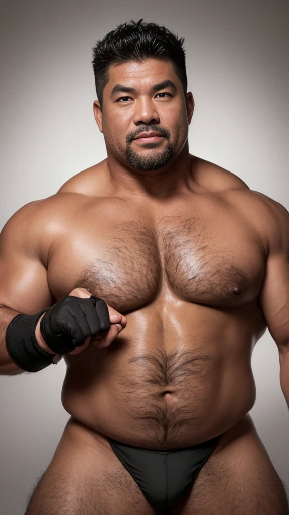 black hair, middle-aged man, individual, male, Muscular wrestler, muscular, Stout wrestler, Asian, Japanese, uncle, 55 year old middle-aged man, short hair, short hair, red wrestling boots, full body portrait, shadow, Vision, red briefs, obesity, 45 years old, short beard, middle-aged man, tattoo, fingerless gloves, Wheat skin, shiny skin, dark skin, Show your pectoral muscles, sumo wrestler, bodybuilder, wide temples, Visible abdominal muscles, Smile, Fine hands, solid color background, pure white background, Surrealism, Panorama, 8k, super detail，