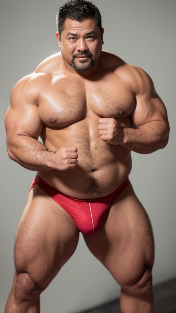black hair, middle-aged man, individual, male, Muscular wrestler, muscular, Stout wrestler, Asian, Japanese, uncle, 55 year old middle-aged man, short hair, short hair, red wrestling boots, full body portrait, shadow, Vision, red briefs, obesity, 45 years old, short beard, middle-aged man, tattoo, fingerless gloves, Wheat skin, shiny skin, dark skin, Show your pectoral muscles, sumo wrestler, bodybuilder, wide temples, Visible abdominal muscles, Smile, Fine hands, solid color background, pure white background, Surrealism, Panorama, 8k, super detail,