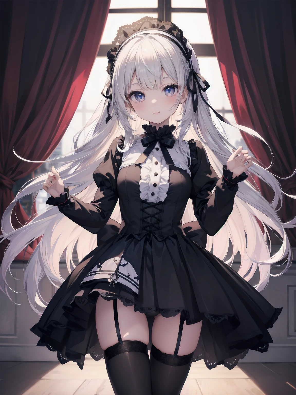 Masterpiece, Details, Solo, 1 Girl, Middle School Girl, Slender, , Fluffy Girlishly Cute and Stylish Attire, Fururu, Lace, Gothic Lolita Dress, Hair Ribbon, Smile, Black Tights, Cute Underwear, Stylish Hair, Big Eyes, Full Lips, White Catsuit, Princess Shoes, Beauty Legs, hair ribbon, hair band, pleated skirt, stirring motion, staring at you on date, sharp focus, perfect face, detailed face and eyes, dynamic, lively, shadows, colorful, mysterious, movie lighting, cute pose for model shoot