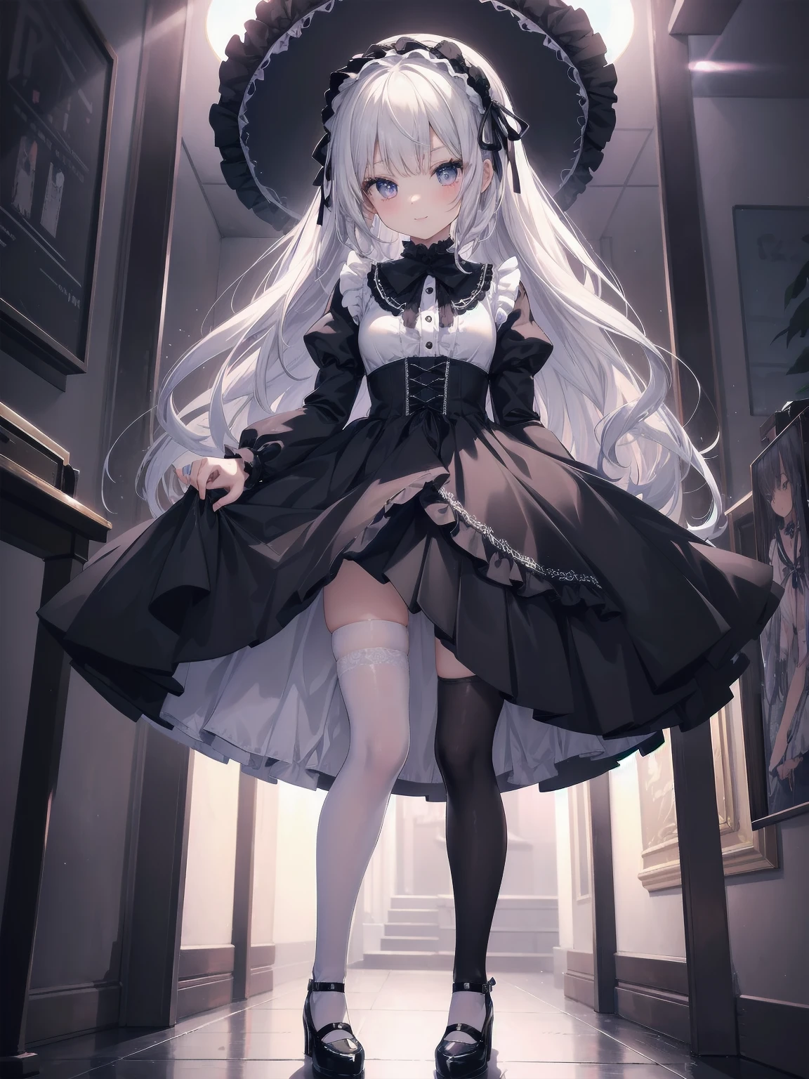 Masterpiece, Details, Solo, 1 Girl, Middle School Girl, Slender, , Fluffy Girlishly Cute and Stylish Attire, Fururu, Lace, Gothic Lolita Dress, Hair Ribbon, Smile, Black Tights, Cute Underwear, Stylish Hair, Big Eyes, Full Lips, White Catsuit, Princess Shoes, Beauty Legs, hair ribbon, hair band, pleated skirt, stirring motion, staring at you on date, sharp focus, perfect face, detailed face and eyes, dynamic, lively, shadows, colorful, mysterious, movie lighting, cute pose for model shoot
