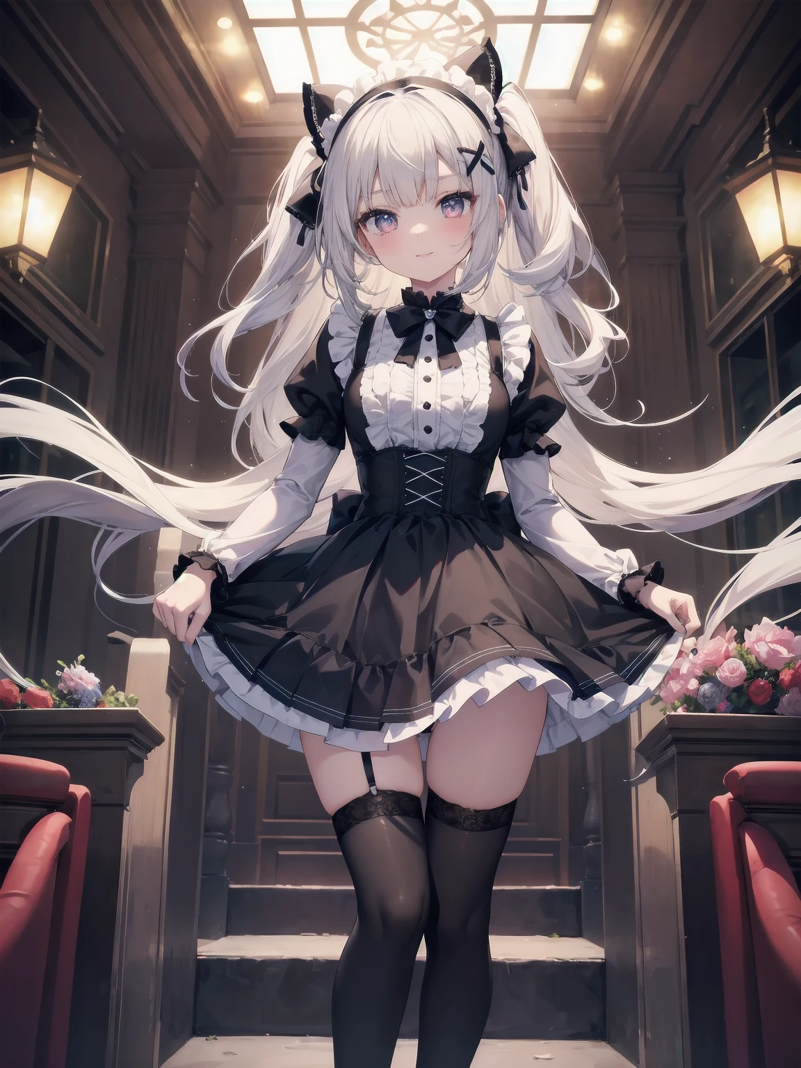 Masterpiece, Details, Solo, 1 Girl, Middle School Girl, Slender, , Fluffy Girlishly Cute and Stylish Attire, Fururu, Lace, Gothic Lolita Dress, Hair Ribbon, Smile, Black Tights, Cute Underwear, Stylish Hair, Big Eyes, Full Lips, White Catsuit, Princess Shoes, Beauty Legs, hair ribbon, hair band, pleated skirt, stirring motion, staring at you on date, sharp focus, perfect face, detailed face and eyes, dynamic, lively, shadows, colorful, mysterious, movie lighting, cute pose for model shoot
