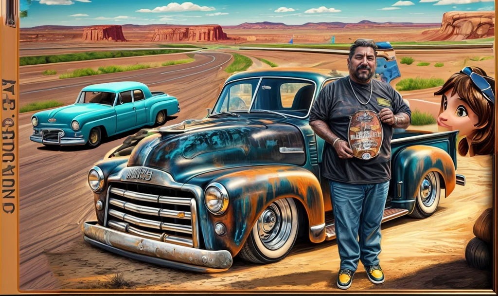 In the background, a United States Route 66 style highway landscape