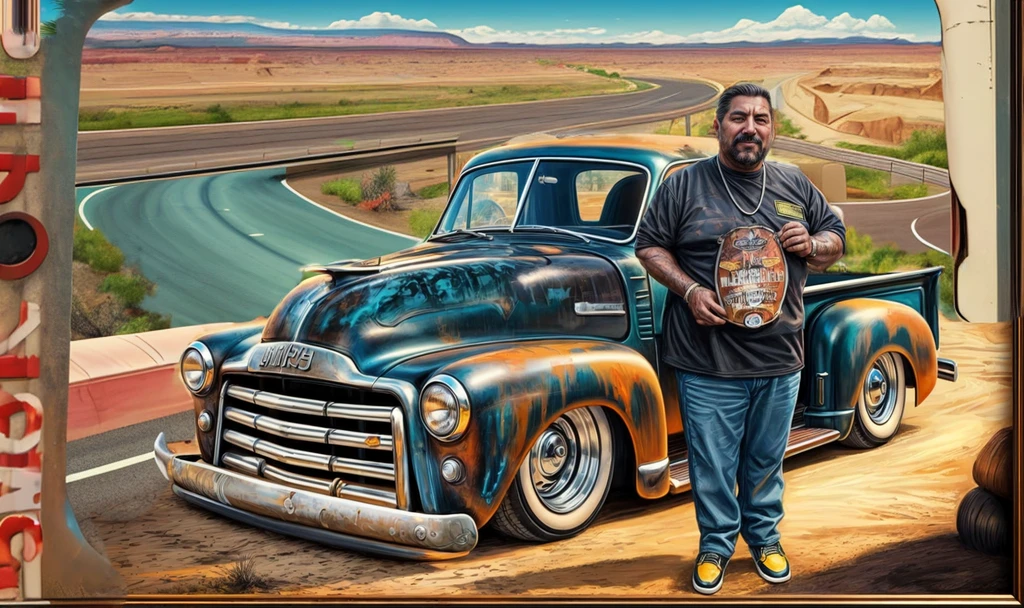 In the background, a United States Route 66 style highway landscape