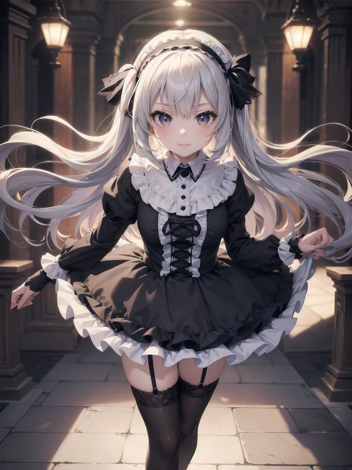 Masterpiece, Details, Solo, 1 Girl, Middle School Girl, Slender, , Fluffy Girlishly Cute and Stylish Attire, Fururu, Lace, Gothic Lolita Dress, Hair Ribbon, Smile, Black Tights, Cute Underwear, Stylish Hair, Big Eyes, Full Lips, White Catsuit, Princess Shoes, Beauty Legs, hair ribbon, hair band, pleated skirt, stirring motion, staring at you on date, sharp focus, perfect face, detailed face and eyes, dynamic, lively, shadows, colorful, mysterious, movie lighting, cute pose for model shoot