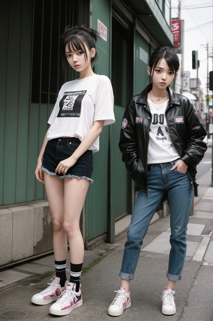 Woman 21 years old, slim , White , city of japan punk style clothing 2000 , portrait photo