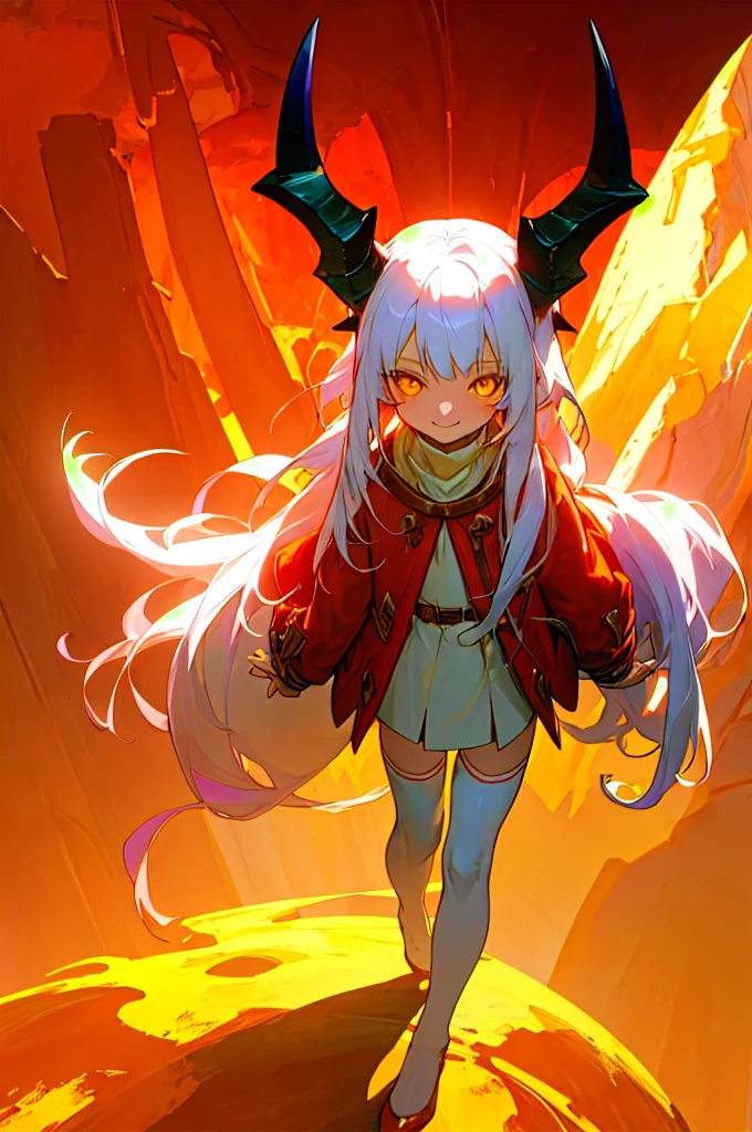 1 demon girl, 10 year old loli, solo, cute smile, long white hair, pale skin, dark sweater, white thighhighs, red rough texture horns, yellow eyes, fantasy, dramatic lighting , hell scenery
best quality, masterpiece,
