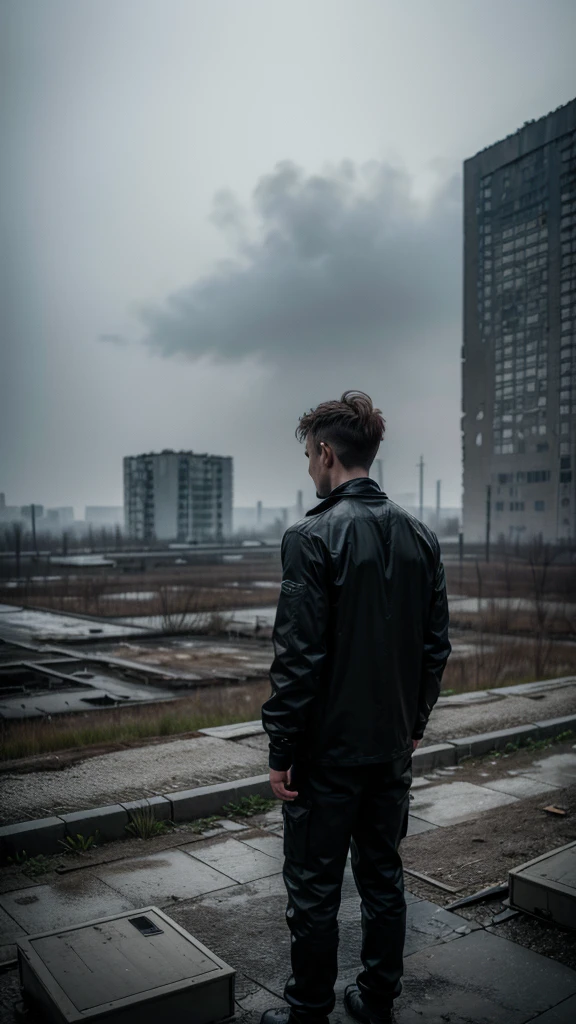view from behind of a man in lightweight black clothing, looking out over an abandoned, decayed environment, Chernobyl-like ruins in the distance, scattered degraded objects, misty air, sense of solitude, medium shot, moody lighting