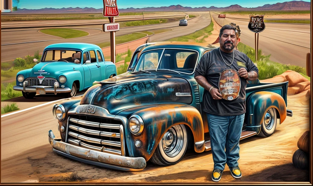 In the background, a United States Route 66 style highway landscape