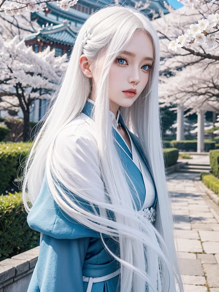 Long white hair, blue eyes, serious features, white skin, loose style, in a garden,in the Sakura Korea ,Korean Palace