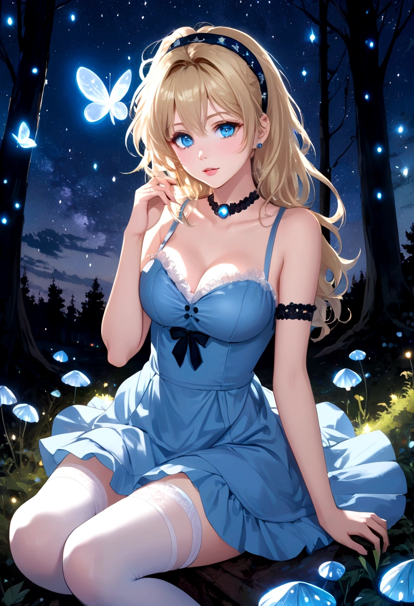 Big messy haired blonde anime woman with hairband, pale blue eyes, wearing short blue dress with no sleeves, cleavage, white stockings and little black shoes, sitting in the woods next to glowing mushroom surrounded by fireflies under the starry night sky