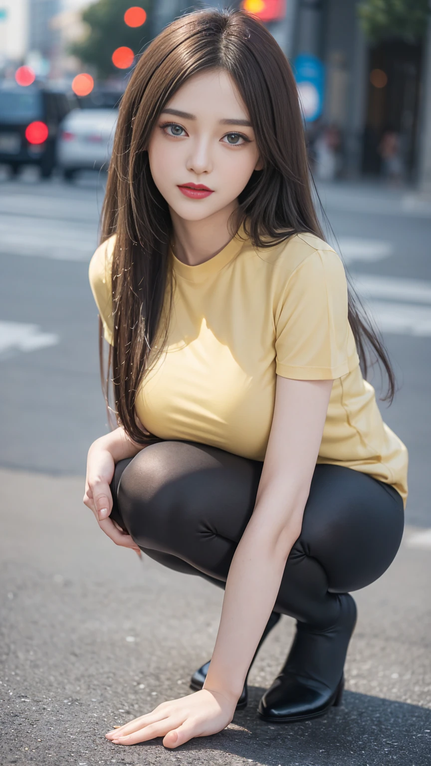 ((beautiful lady)), ((1 lady, wearing Yellow T-shirt)), ((Dark grey tight leggings)), ((Casual Uniform)), ((Squatting on the road)), (zoom camera in the crotch, angle from below), looking to the side, very smile, blushing, ((background york cityscape)), distressed, reluctant, glare, (sexual arousal:1.5, ) , NSFW, 8k, RAW photo, masterpiece, absurdity, top quality, high resolution: 1.1, ultra-detail, hyper-realistic: 1.4, realistic, photorealistic: 1.3, cinema light, film grain, closeup, full body, depth of field, eye focus, young, 85mm lens, f/1.4, Professional lighting, portrait, photon mapping, radiocity, physically based rendering, transparency, soft light, realistic face, realistic body, realistic skin, clean: 1.8, Dark red hair, hairstyle to match the trend of Japan in 2023, Huge-breasted not closed: 1.2, blusher, good style, (very dark lip gloss, bright red lipstick, so many eyelashes, blue eyes, pitch black eyeshadow Huge-breast), company, camel toe, long legs, PureErosFace_V1: 0.8, dynamic pose