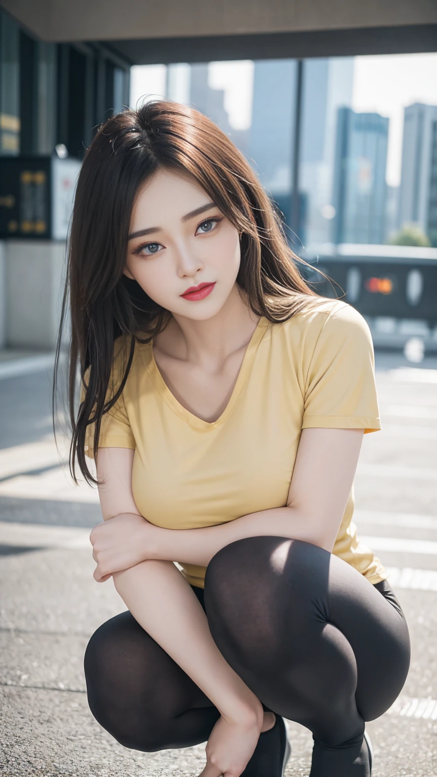 ((beautiful lady)), ((1 lady, wearing Yellow T-shirt)), ((Dark grey tight leggings)), ((Casual Uniform)), ((Squatting on the road)), (zoom camera in the crotch, angle from below), looking to the side, very smile, blushing, ((background york cityscape)), distressed, reluctant, glare, (sexual arousal:1.5, ) , NSFW, 8k, RAW photo, masterpiece, absurdity, top quality, high resolution: 1.1, ultra-detail, hyper-realistic: 1.4, realistic, photorealistic: 1.3, cinema light, film grain, closeup, full body, depth of field, eye focus, young, 85mm lens, f/1.4, Professional lighting, portrait, photon mapping, radiocity, physically based rendering, transparency, soft light, realistic face, realistic body, realistic skin, clean: 1.8, Dark red hair, hairstyle to match the trend of Japan in 2023, Huge-breasted not closed: 1.2, blusher, good style, (very dark lip gloss, bright red lipstick, so many eyelashes, blue eyes, pitch black eyeshadow Huge-breast), company, camel toe, long legs, PureErosFace_V1: 0.8, dynamic pose