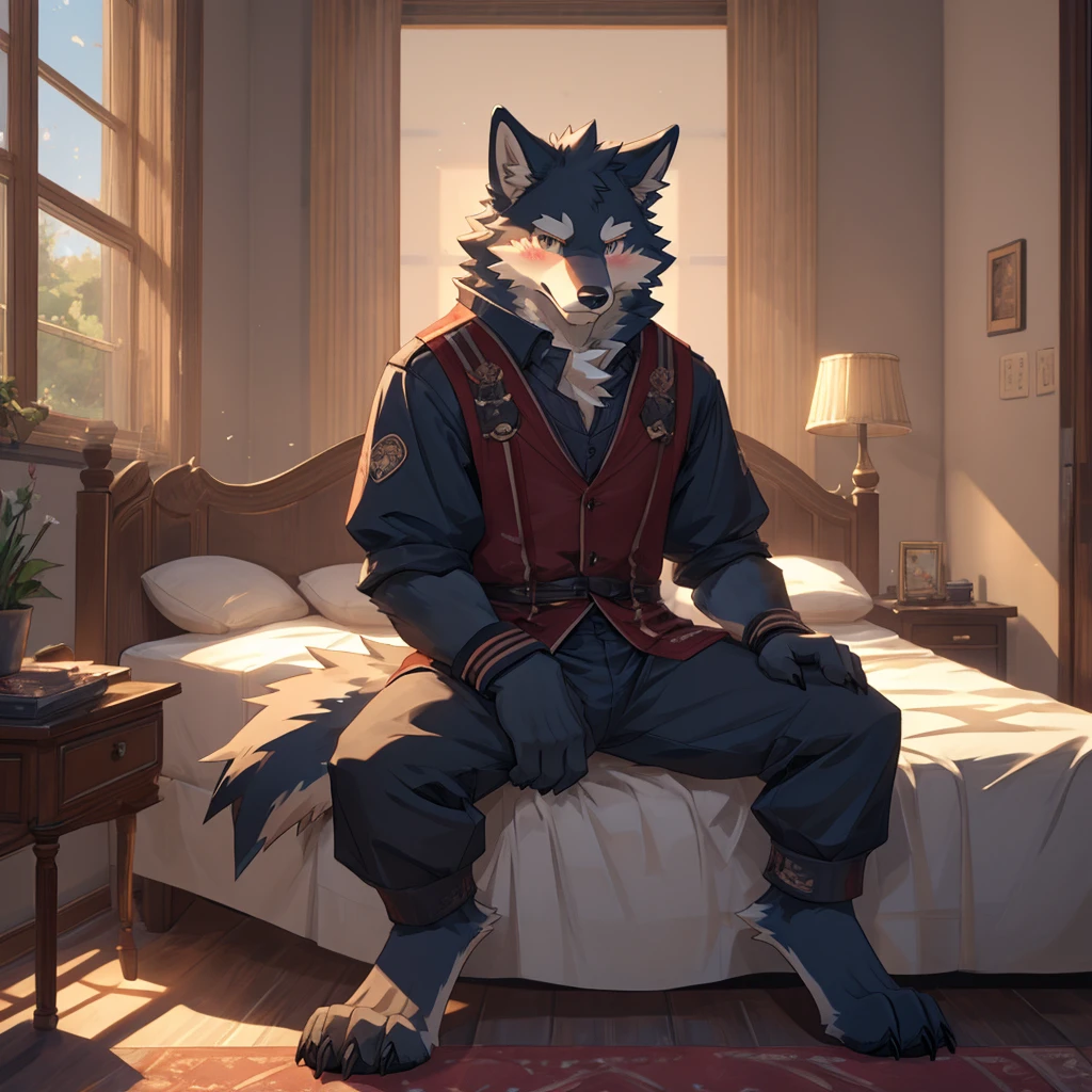 anime screencap,anthro,solo,Ambiguous gender,mammal,canid,canine,wolf,canis, hi res,fur,clothed,bottomless,sitting,submissive,blush,full face blush,looking at viewer,claws,(featureless crotch),bed,inside,digitigrade,full body