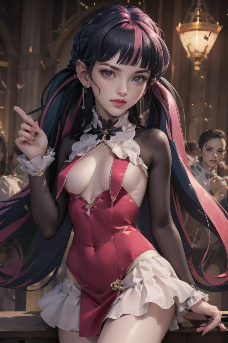 1 girl, a girl with bat wings on her back, perfectly hands, perfectly body, bat choker, necklace, centered, bat jewelry, award winning upper body portrait, cowboy shot, looking at viewer, Draculaura_MH, solo, black half hair, pink half hair, multicolored hair, long hair, pink knee boots, smile, vampire fangs, bat wings, bat jewelry, jewelry, Draculaura_(monster high), Monster High, ornament hair, long hair, 1 girl, Looking at the audience, flowing hair, Beautiful Eyes, Plump and glossy lips, Idol, dress with too many frills, black dress, gold laces, black Short skirt, Drape clothes, pink gem, Lace trim, bright stage, luxury gold details, gold jewelry, more details, best quality, Big sparkling eyes, blushing, Striped Lace Stockings, black ta skirt, sparkle, solo, centered girl, cowboy shot, perfectly body, perfectly hands, two arms, two legs, two hands, five fingers, perfect anatomy, glowing hair, pink roses, 1girl, dress, solo, flowing hair, floating hair, ornament hair, perfectly body, perfectly hands, on the stage, sparkles, more details on her clothes, dress with transparency, golden details on her dress, night, holding a microphone, ((4k, masterpiece, top-quality)), 8k, best quality, high resolution, UHD, (illustration:0.8), super cute girl, delicate and beautiful face, mature girl, super cute hairstyle, (beautiful detailed eyes:1.6), extremely detailed face, perfect lighting, extremely detailed CG, (perfect hands, perfect anatomy), Best quality ((4k, masterpiece, top-quality)),8k, best quality, high resolution, HD, (illustration:0.8), super cute girl, delicate and beautiful face, mature girl, super cute hairstyle, (beautiful detailed eyes:1.6), extremely detailed face, perfect lighting, extremely detailed CG, (perfect hands, perfect anatomy), Best quality, cleavage, small skirt, full Body, two arms, two legs, two hands, five fingers