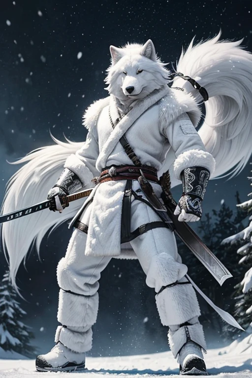 a huge white and grey fur snow wolf ready to fight in an epic battle with a katana sword in his hand, two katana swords on his waist.
