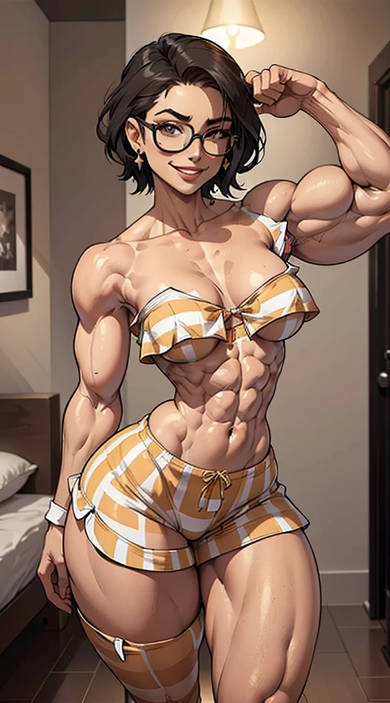 (Muscular:2), (thick muscular thighs, wide hips:2.3), (latina female, tan skin:2), adult, (glasses), earrings, eyeshadow, lipstick, bokeh, (freckles:0.9), (upper body view), (striations), (hard nipples:1.2), (large breasts), (small breasts:1.4), (sleeveless off-the-shoulder top, pajama shorts, striped pattern:2), (six pack abs:1), (sculped muscles:1.7), (athletic body:1.5), (muscular body:2), (looking at viewer), (drunk, smiley:1.4), detailed eyes, dark bedroom, (dawn lighting), rim lighting, two tone lighting, dimly lit, clean skin, low key (DETAILED SKIN), (big ass)