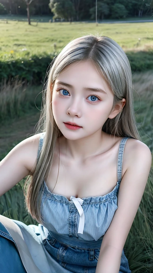 (4 Girls), Indonesian baby face, s, white skin, Round breast, blue eyes, meadow, silver hair, 8K, The details are very realistic...., The best of photography Wear a jeans skirt....