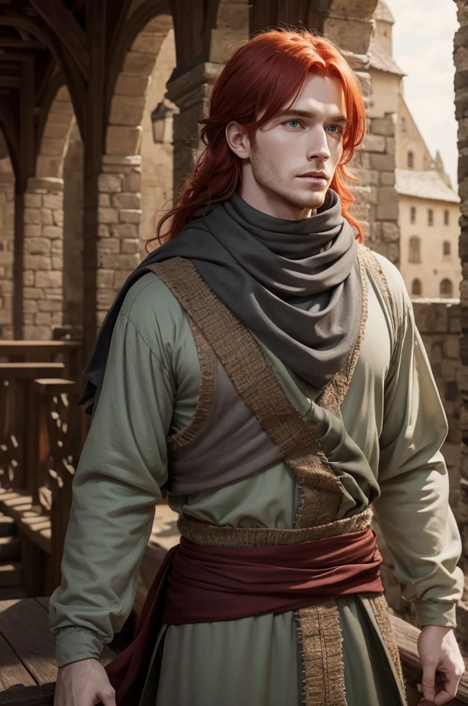 Generate an image of a red-haired guy with green eyes wearing a gray rag scarf in medieval clothing
