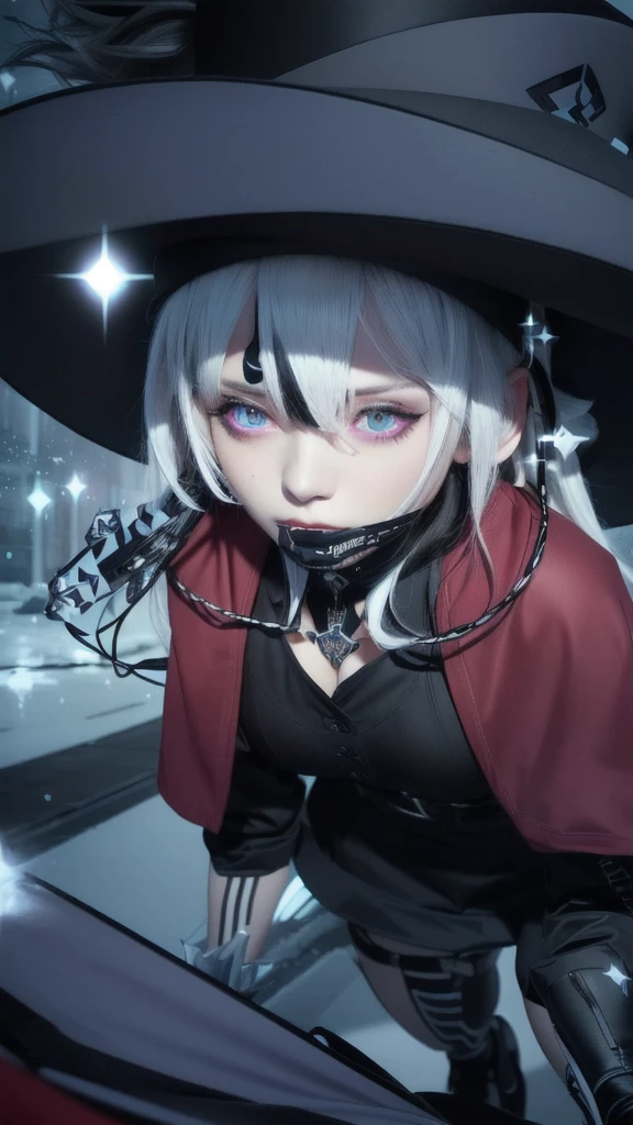 Cute girl with white hair wearing a black hat and black uniform, purple eyes, blink, Ultra realistic, hyper realistic, detailed lighting, UHD, detailed face, edge lighting, Masterpiece, highest quality, high resolution, detail maniac, high definition, high quality, detailed face, detailed body limbs