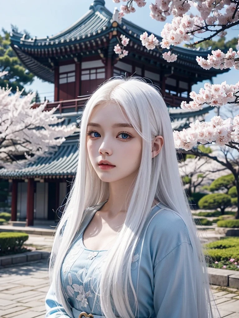 Long white hair, blue eyes, serious features, white skin, loose style, in a garden,in the Sakura Korea ,Korean Palace