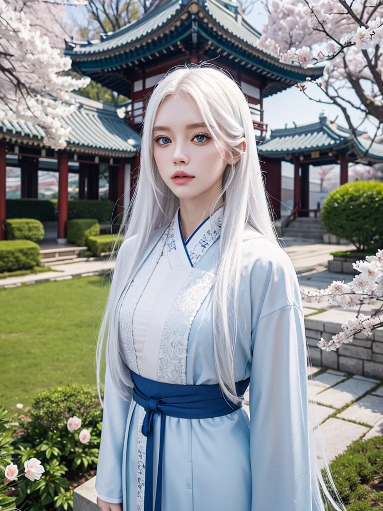 Long white hair, blue eyes, serious features, white skin, loose style, in a garden,in the Sakura Korea ,Korean Palace
