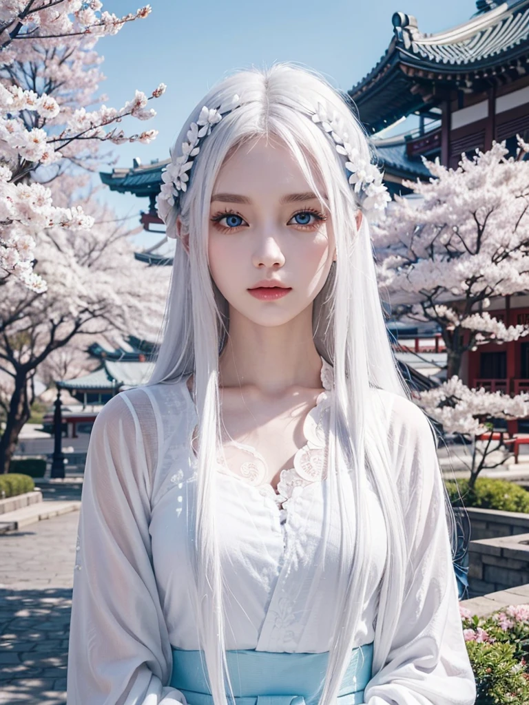 Long white hair, blue eyes, serious features, white skin, loose style, in a garden,in the Sakura Korea ,Korean Palace