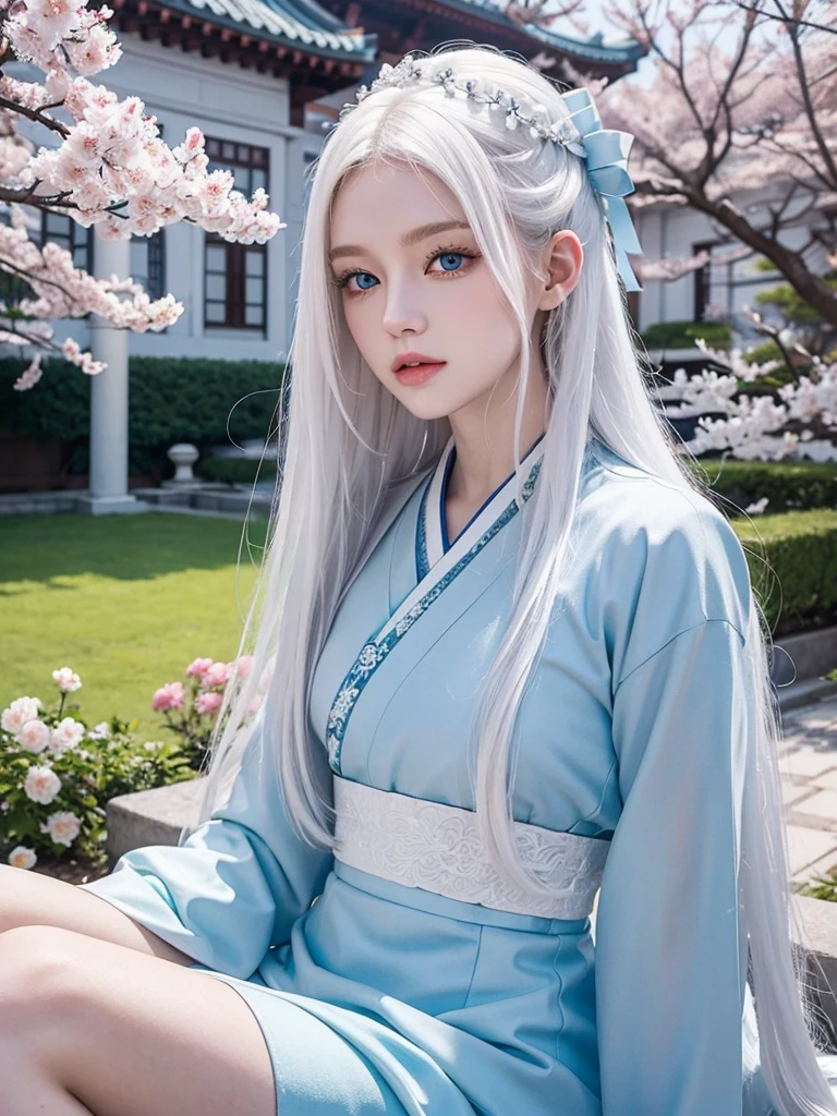Long white hair, blue eyes, serious features, white skin, loose style, in a garden,in the Sakura Korea ,Korean Palace