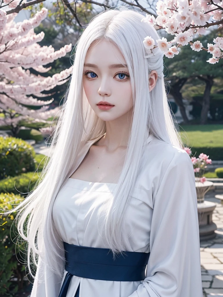 Long white hair, blue eyes, serious features, white skin, loose style, in a garden,in the Sakura Korea ,Korean Palace 