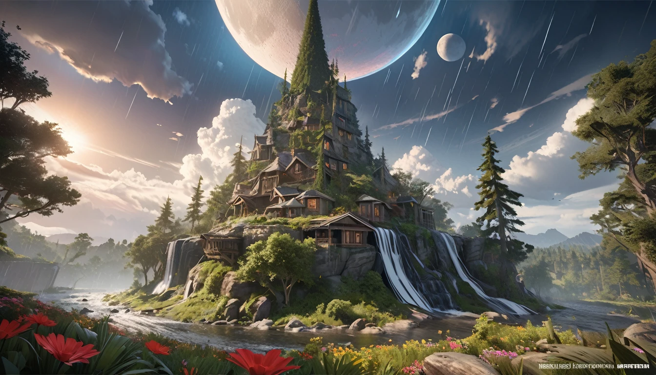 sky, cloud, moon, tree, flower, rain, Spectacular view, 16K, Unreal Engine, Octane Render, highest quality, ultra-high definition, Realistic, Photorealism, fantastic, digital art, artgerm, trending on artstation, uninhabited, concept art, exaggerated artistic expression, cinematic unrealistic style concept art, highly detailed, The size of the artifact is a realistic size balance compared to other objects around it,