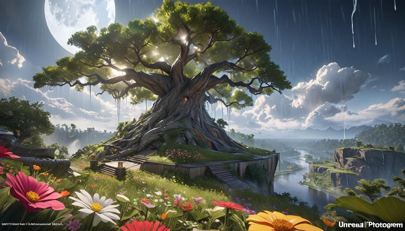 sky, cloud, moon, tree, flower, rain, Spectacular view, 16K, Unreal Engine, Octane Render, highest quality, ultra-high definition, Realistic, Photorealism, fantastic, digital art, artgerm, trending on artstation, uninhabited, concept art, exaggerated artistic expression, cinematic unrealistic style concept art, highly detailed, The size of the artifact is a realistic size balance compared to other objects around it,