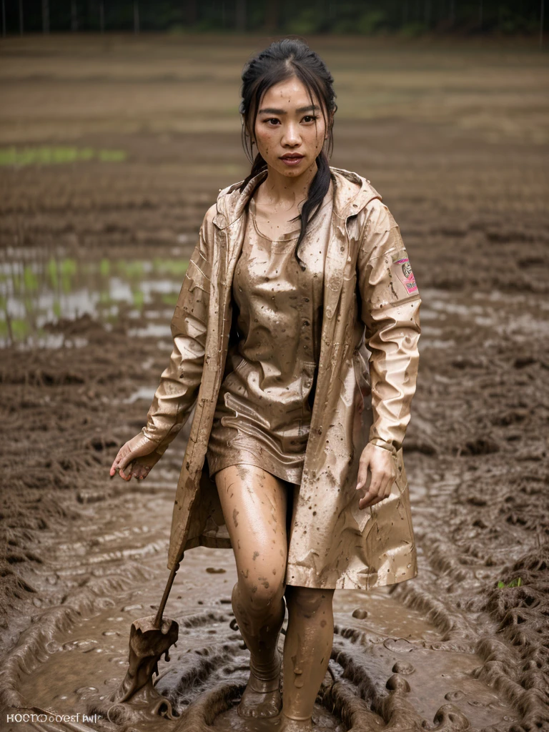 a beautiful young asian woman wearing a pink buttoned matte raincoat, her clothes and raincoat covered in mud, walking through a muddy field, (best quality,4k,8k,highres,masterpiece:1.2),ultra-detailed,(realistic,photorealistic,photo-realistic:1.37),HDR,UHD,studio lighting,ultra-fine painting,sharp focus,physically-based rendering,extreme detail description,professional,vivid colors,bokeh,portrait,realistic,photographic,natural lighting,muddy environment,rainy day