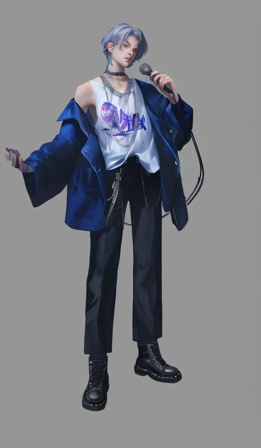 Wearing a blue jacket and black pants、Anime style image of a man holding a microphone, artwork in the style of Gu Weiss, Single character full body, Unrealistic character concept, Inspired by Russell Dongjun Lu, Full body solo character, Gu Weiss, Detailed full body concept, inspired by Yanjun Cheng, Cypherpunk fashion illustration, Full body portrait
