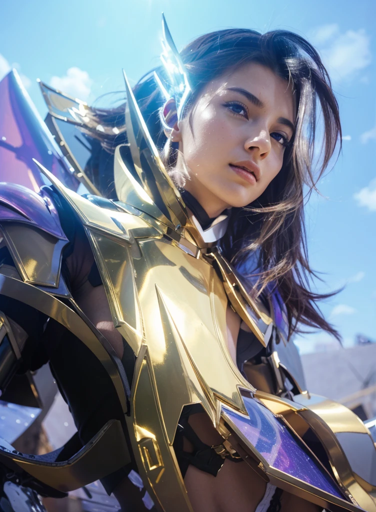 Ultra-high saturation,(tmasterpiece), fully body photo,(best qualtiy), (1girll), starryskybackground,Wearing shiny gold armor, Sexy lingerie type armor,Expose your chest,Expose the waistline,Exposing thighs,cool-pose, Saint Seiya Armor, messy hair,high detal, Anime style, Cinematic lighting, Sparkle, god light, Ray traching, filmgrain, hyper HD, textureskin, super detailing, Anatomical correct, A high resolution,Ultra-high saturation,hight contrast,High-gloss armor,Smooth skin,Serious expressions,Dark room,