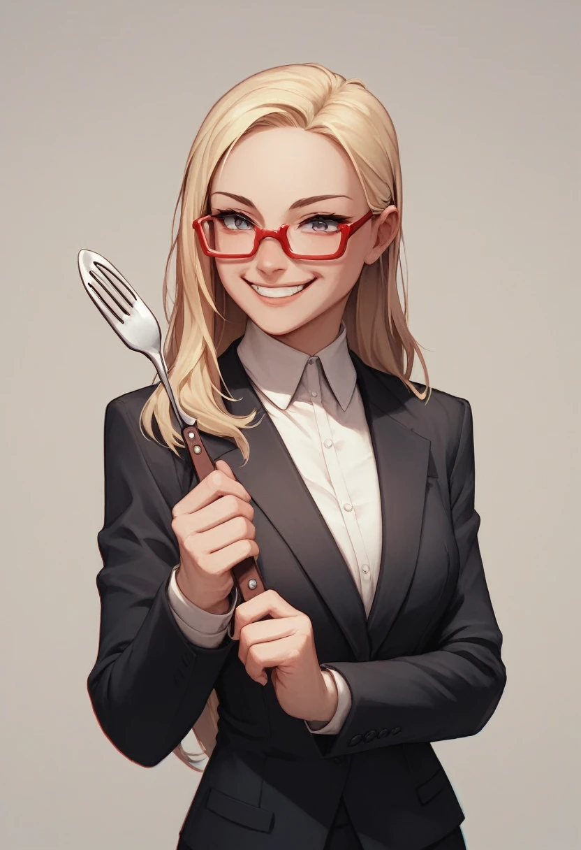 (a blonde woman with long hair smiling), (only the bust), (Black Suit), (Red glasses), (holding fork), (3d style image).