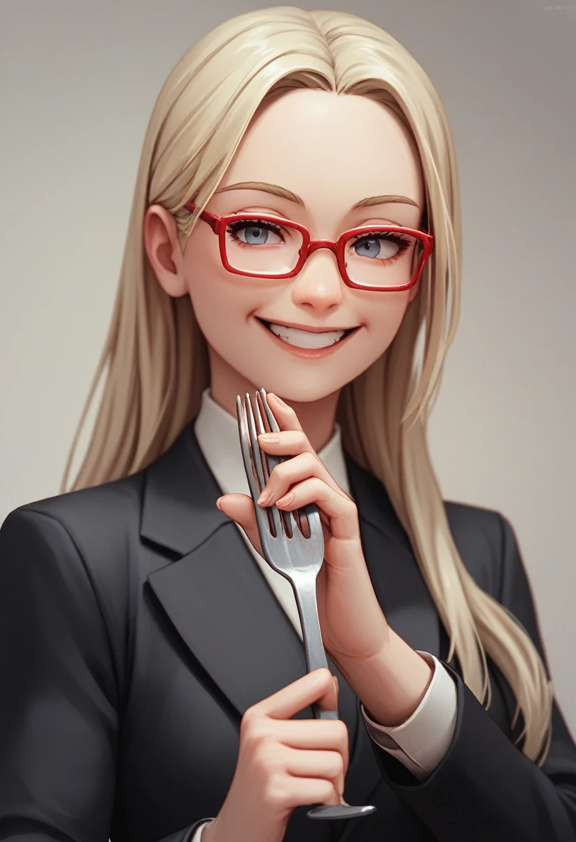 (a blonde woman with long hair smiling), (only the bust), (Black Suit), (Red glasses), (holding fork), (3d style image).