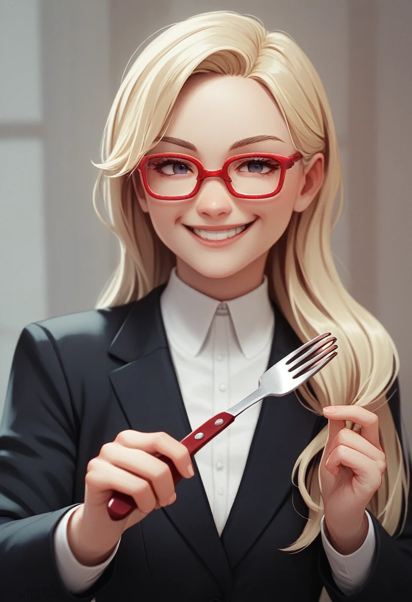 (a blonde woman with long hair smiling), (only the bust), (Black Suit), (Red glasses), (holding fork), (3d style image).