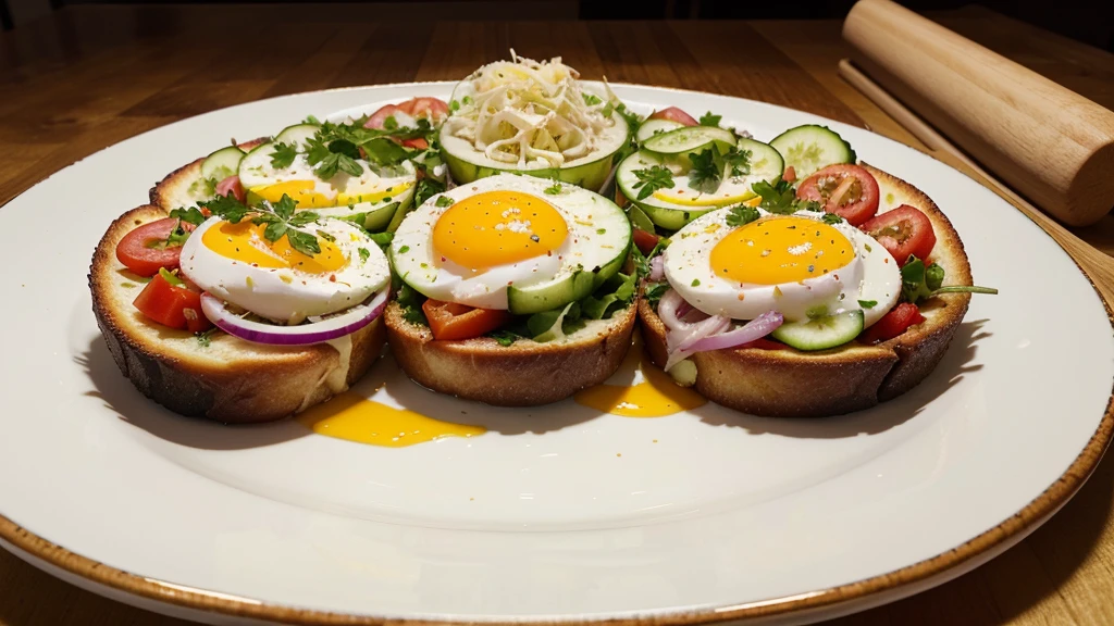 A sumptuously crafted salad, every element bursting with freshness and flavor: vibrant tomatoes, crisp cucumbers, creamy cheese, perfectly cooked egg, savory ham, and tangy onions. The composition exudes an air of gastronomic artistry, with each ingredient meticulously arranged to create a harmonious and appetizing whole. This exquisite culinary creation is captured in a high-quality photograph, showcasing the intricate details and vibrant colors that invite the viewer to savor every bite.