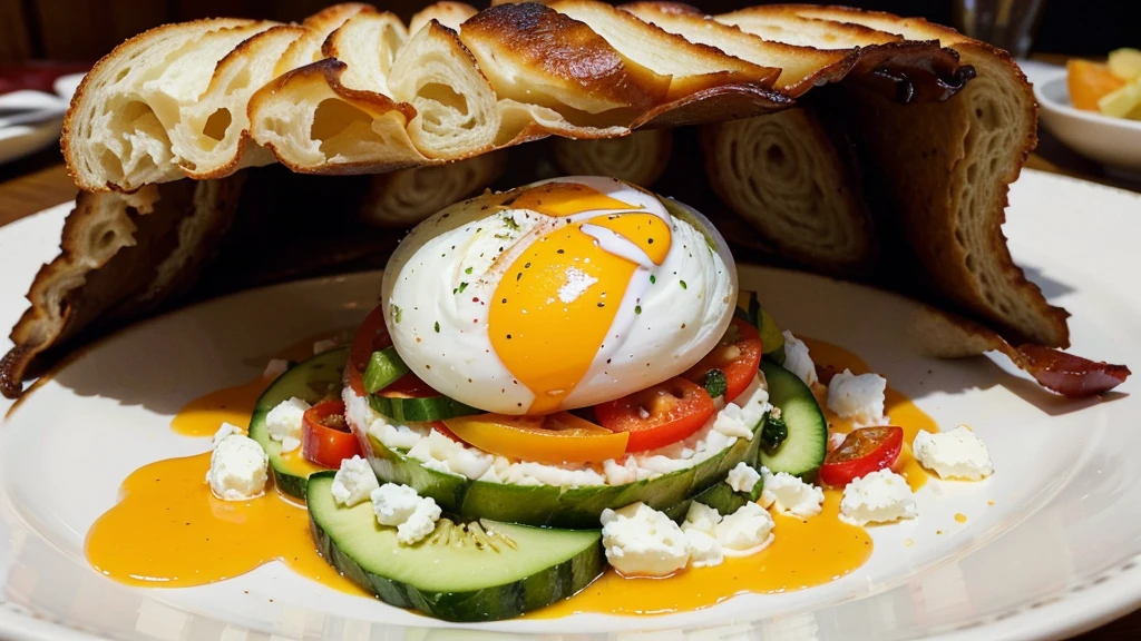 A sumptuously crafted salad, every element bursting with freshness and flavor: vibrant tomatoes, crisp cucumbers, creamy cheese, perfectly cooked egg, savory ham, and tangy onions. The composition exudes an air of gastronomic artistry, with each ingredient meticulously arranged to create a harmonious and appetizing whole. This exquisite culinary creation is captured in a high-quality photograph, showcasing the intricate details and vibrant colors that invite the viewer to savor every bite.
