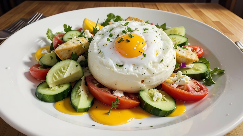 A sumptuously crafted salad, every element bursting with freshness and flavor: vibrant tomatoes, crisp cucumbers, creamy cheese, perfectly cooked egg, savory ham, and tangy onions. The composition exudes an air of gastronomic artistry, with each ingredient meticulously arranged to create a harmonious and appetizing whole. This exquisite culinary creation is captured in a high-quality photograph, showcasing the intricate details and vibrant colors that invite the viewer to savor every bite.