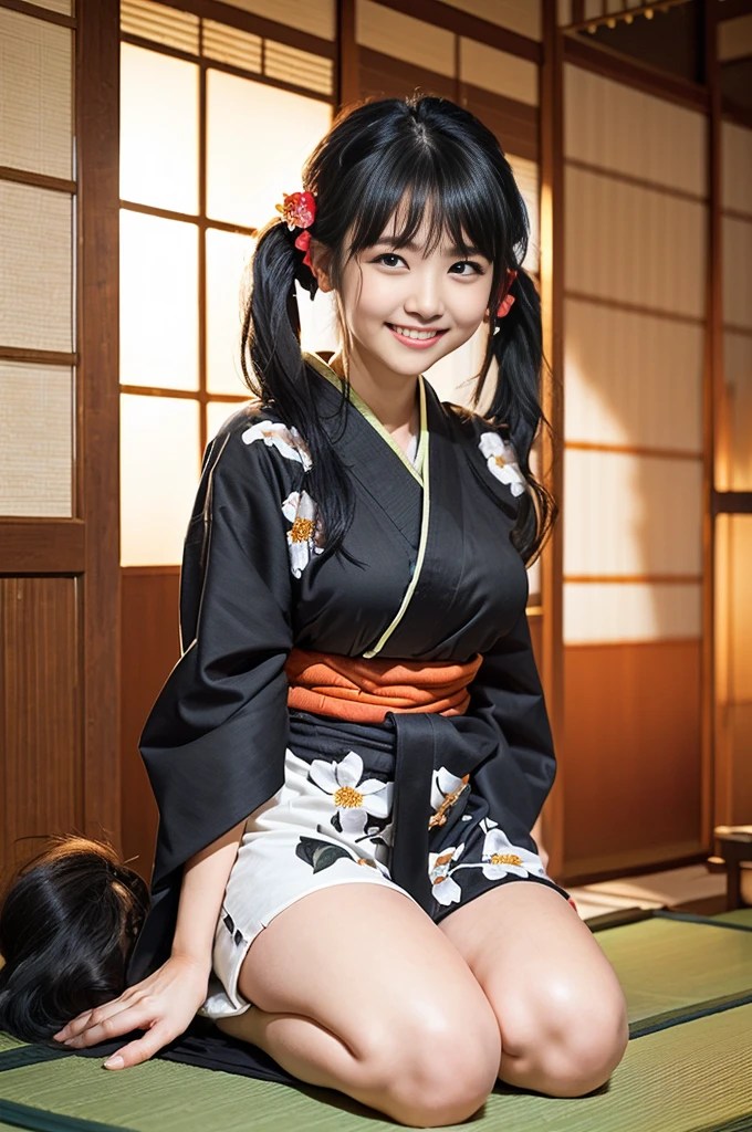 (8K、Raw photography、Highest quality、masterpiece:1.2),(Black Hair、Dark Eyes:1.9),(Flower pattern kimono:1.6)、View your audience,Viewed from the front,White skin,(Twin tails:1.3)、(Tight waist:1.6)、(Clothes that accentuate the shape of the breasts:1.0)、(Big Breasts :1.3)、Slim figure、Ultra-high resolution,beautiful,beautiful fece,(One person、No background:1.9),whole bodyボディー,Japanese women,(reality的:1.37)、Photon Mapping,reality、(-face cute: 1.4)、(Cute Smile: 1.8)、(Round face: 1.8)、Radio City、Physically Based Rendering、Depth of field rally background、photograph, (I can see your knees、Thigh close-up:1.8),(:1.6),whole body、Great quality