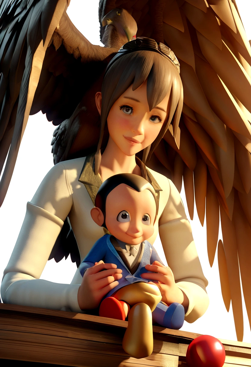 Cartoon character of a vulture holding dolls in its wings, an animated character, Caractere estilizado, animation style rendering, 3D estilizado, Arnold Maya render, 3 d render stylized, toon render keyshot, Personagem 3D, Personagem 3D, 3d rendering stylized, 3 d character render, personagem de desenho animado, Personagem de close up, Pose de personagem, (Estilo Pixar) (master part:1.2) (Bokeh) (best quality) (pele detalhada) (textura detalhada) (8k) (argila) (Cinematic lighting) (foco nítido，He sits down and puts out his upper body, he holds a sculpture of an eagle that he carries on one of his legs a