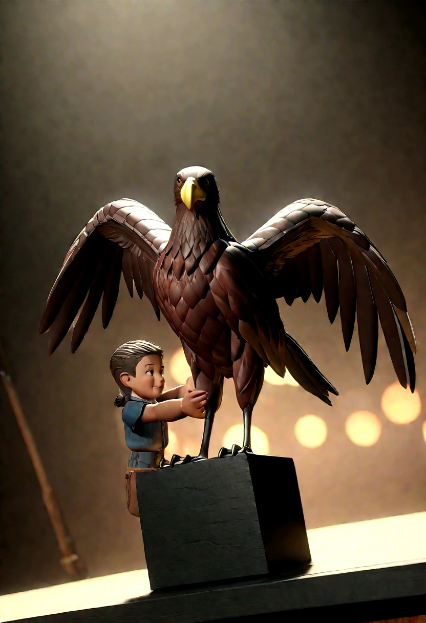 Cartoon character of a vulture holding dolls in its wings, an animated character, Caractere estilizado, animation style rendering, 3D estilizado, Arnold Maya render, 3 d render stylized, toon render keyshot, Personagem 3D, Personagem 3D, 3d rendering stylized, 3 d character render, personagem de desenho animado, Personagem de close up, Pose de personagem, (Estilo Pixar) (master part:1.2) (Bokeh) (best quality) (pele detalhada) (textura detalhada) (8k) (argila) (Cinematic lighting) (foco nítido,He sits down and puts out his upper body, he holds a sculpture of an eagle that he carries on one of his legs a