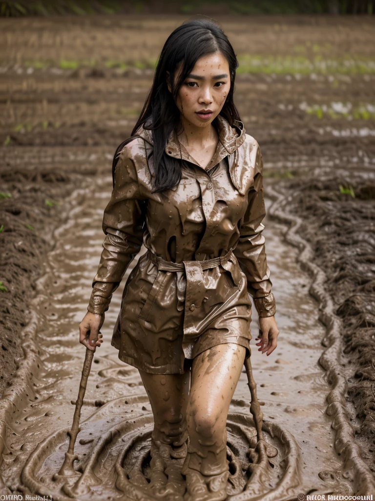 a beautiful young asian woman wearing a pink buttoned raincoat, buttoned up, wearing hood, her clothes and raincoat covered in mud, walking through a muddy field, (best quality,4k,8k,highres,masterpiece:1.2),ultra-detailed,(realistic,photorealistic,photo-realistic:1.37),HDR,UHD,studio lighting,ultra-fine painting,sharp focus,physically-based rendering,extreme detail description,professional,vivid colors,bokeh,portrait,realistic,photographic,natural lighting,muddy environment,rainy day