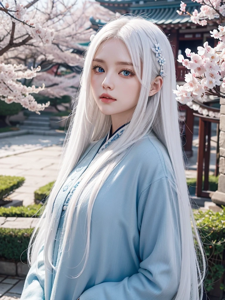Long white hair, blue eyes, serious features, white skin, loose style, in a garden,in the Sakura Korea ,Korean Palace
